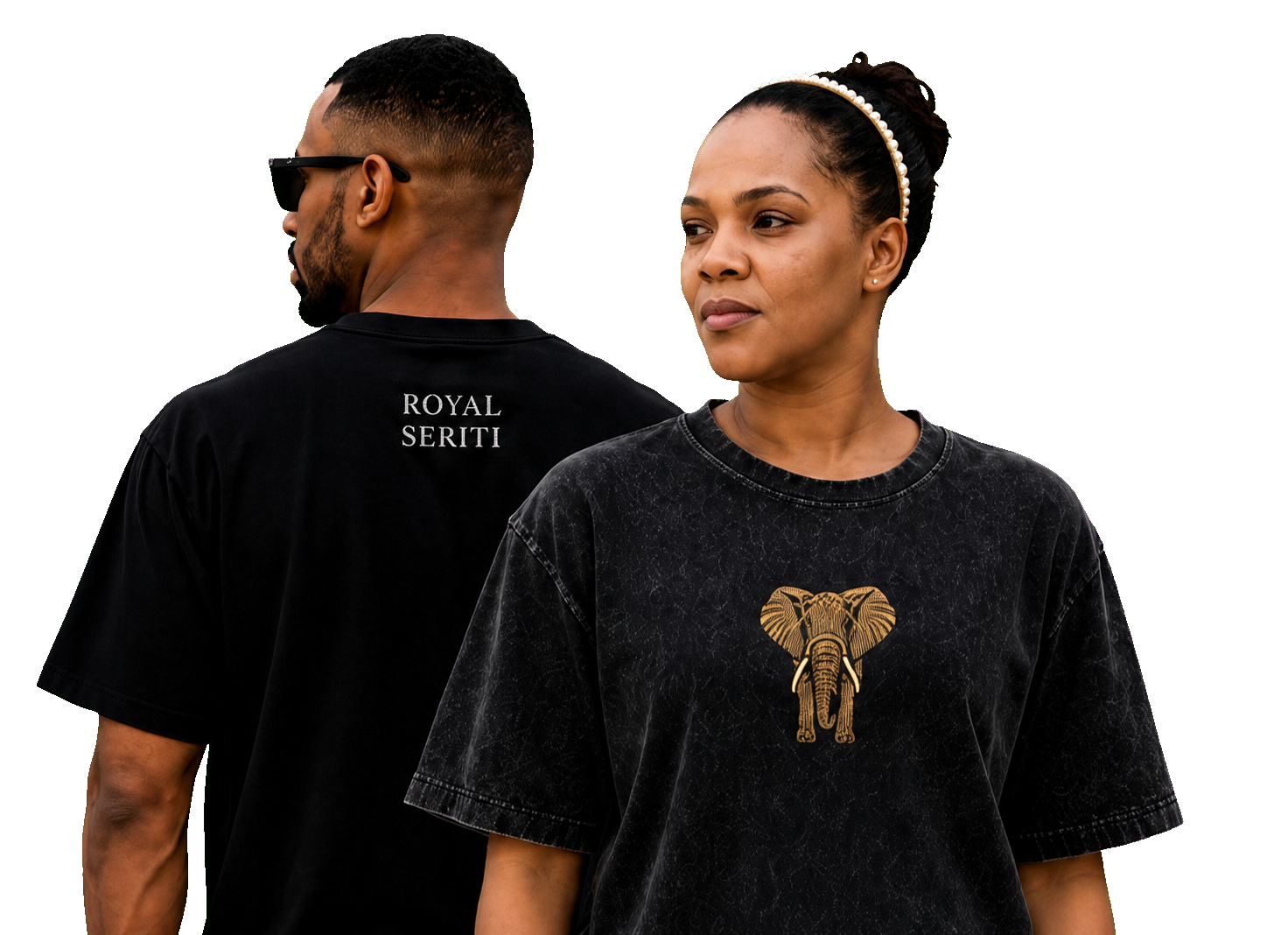 Royal Seriti male and female models in a back-to-back black apparel campaign composition